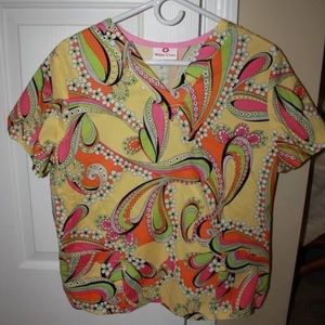 White Cross Scrub Top- Paisley-Size Medium